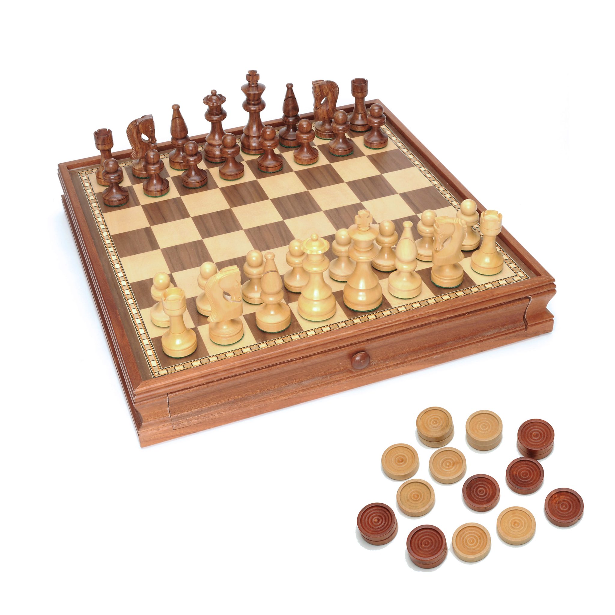 Russian Style Chess Checkers Game Set, Wooden Checkers Set With Storage