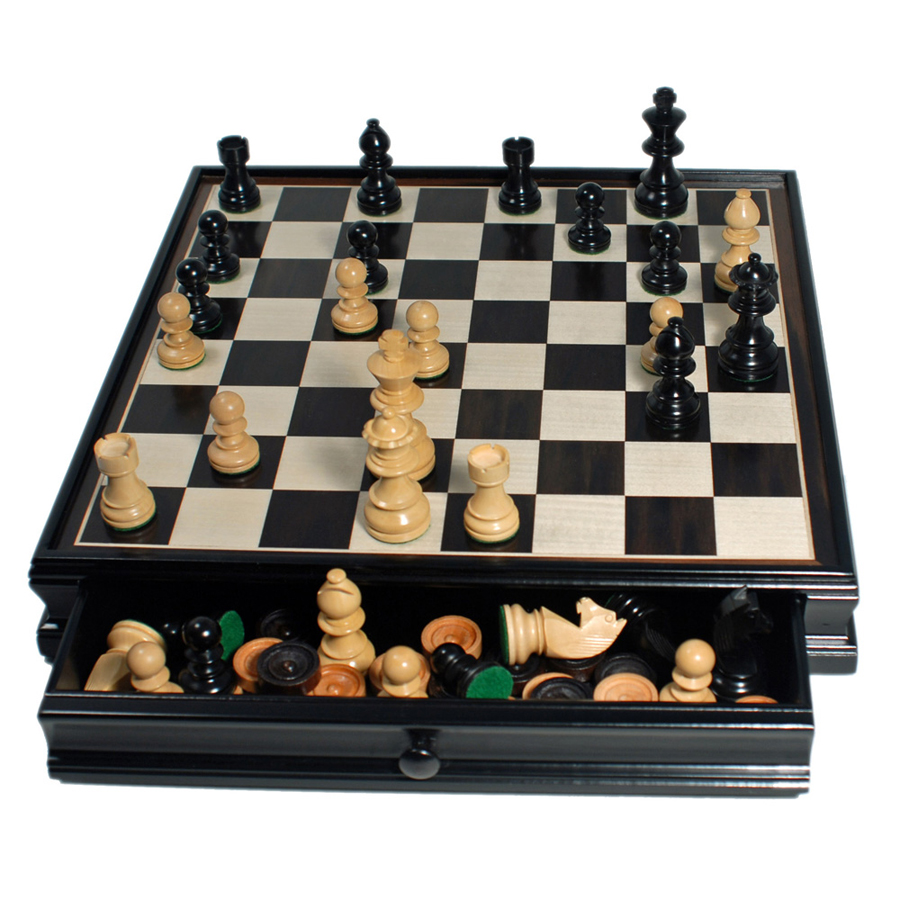 French Staunton Chess & Checkers Set Weighted Pieces, Black Stained