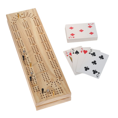 Solid Wood Cribbage board with metal pegs and cards