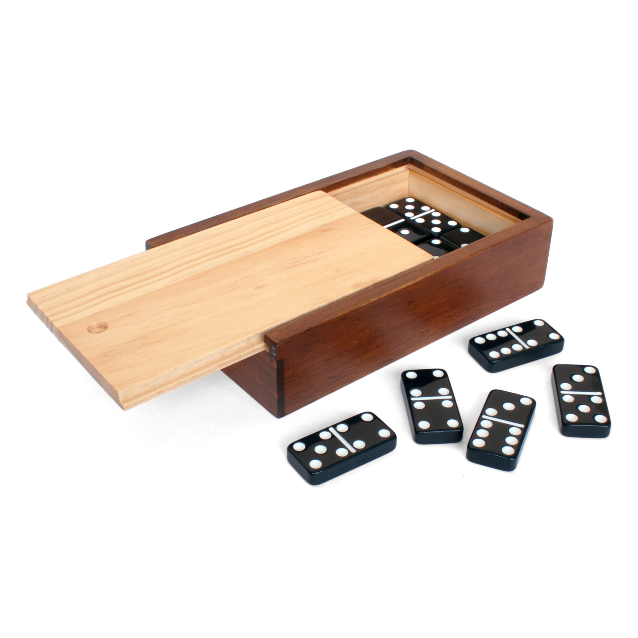 Double 6 Black Dominoes with White Dots in Wooden Case – Wood 