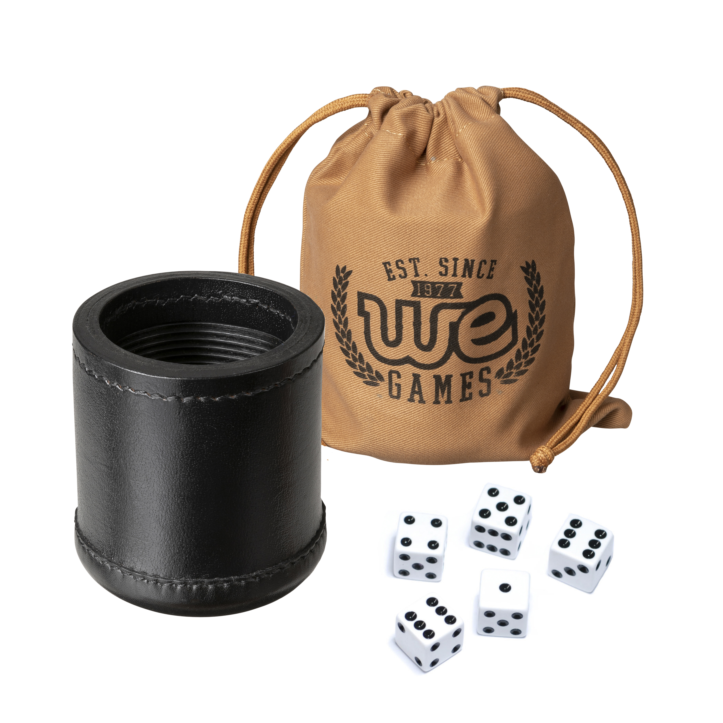 Dot Dice Ivory, Black/Grey Cup Pip Set of 16mm Poker / Pip Dice Rounded Corners and Black PU Leather Dice Cup Plush Velvet Lined Gift Boxed 