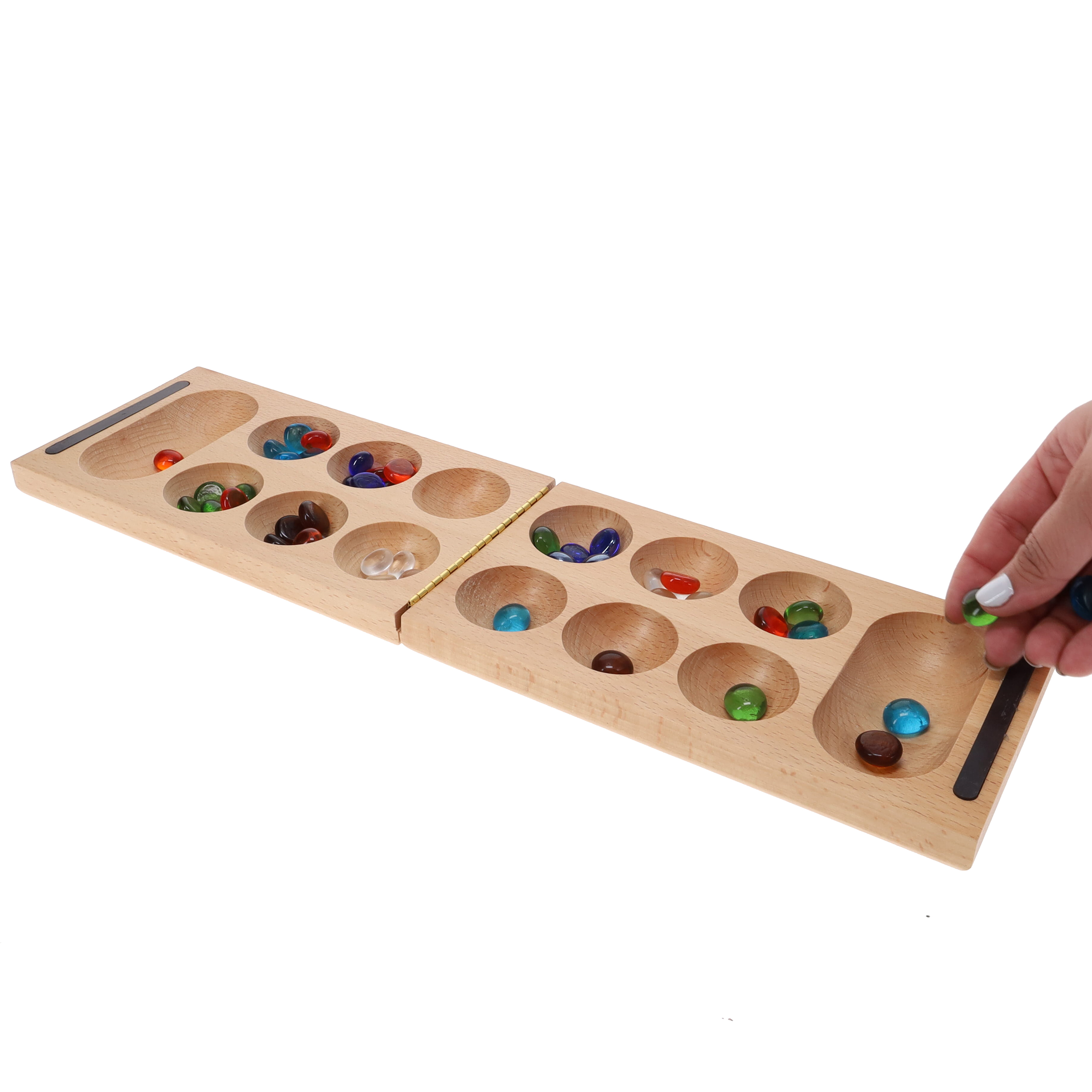 WE Games Folding Mancala – Solid Wood Board & Glass Stones – Wood