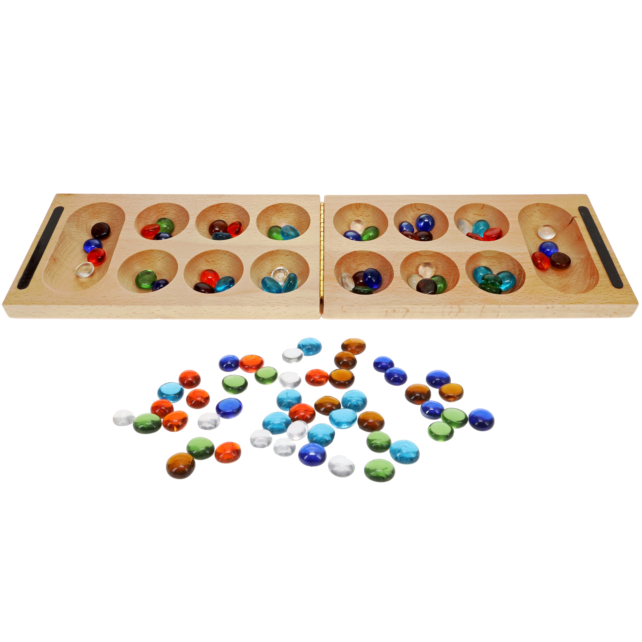 Mancala African Stone Game Wooden Board with 43 Glass Stones