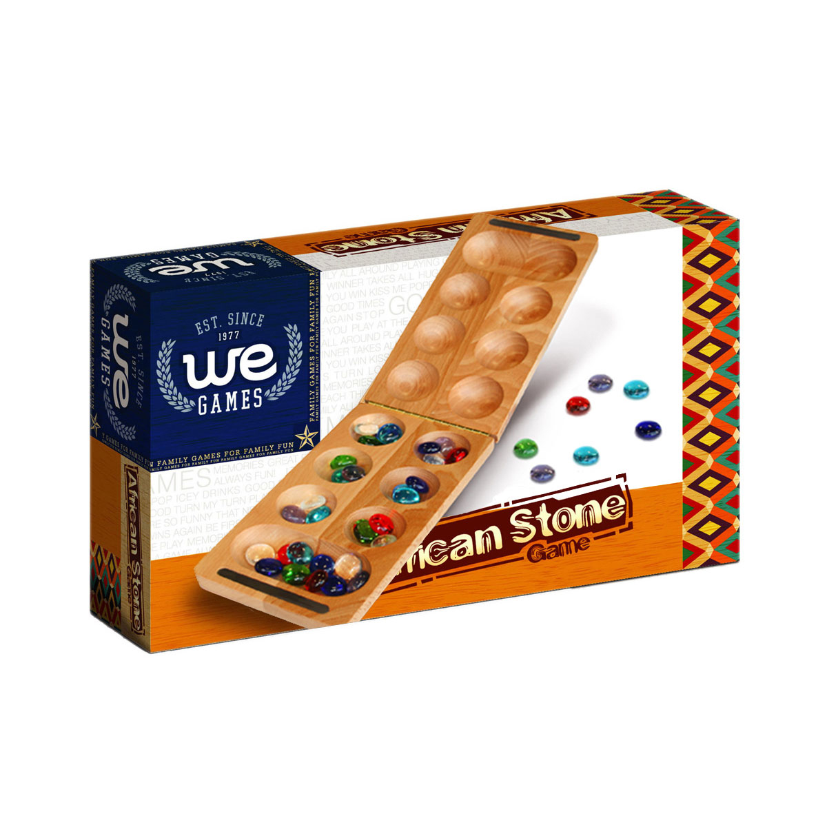 WYZworks Mancala Board Game Wood 48 Glass Stones Family Fun Game Travel  Size