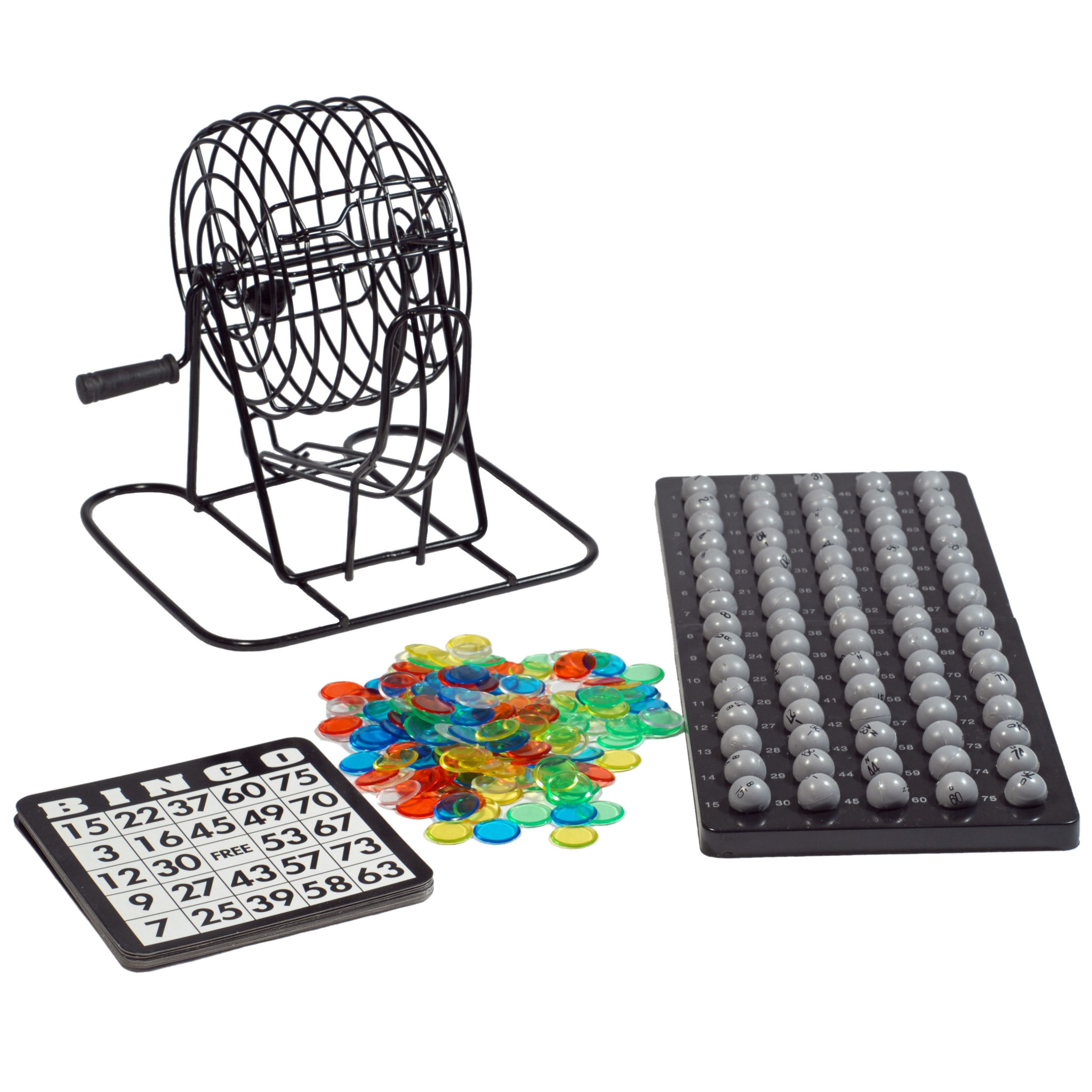 Grand Bingo Set with 8″ Black Metal Cage, Plastic Balls and Holders