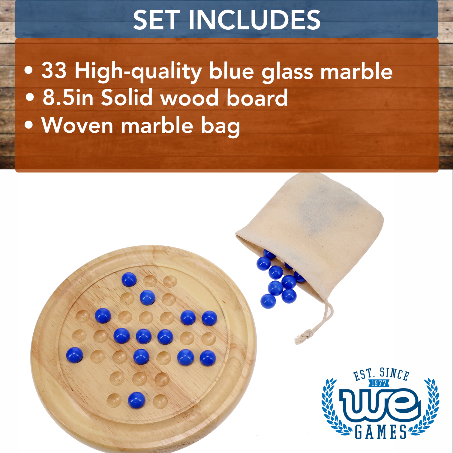 Solid Wood Solitaire with Blue Glass Marbles – 8.875 in. Diameter