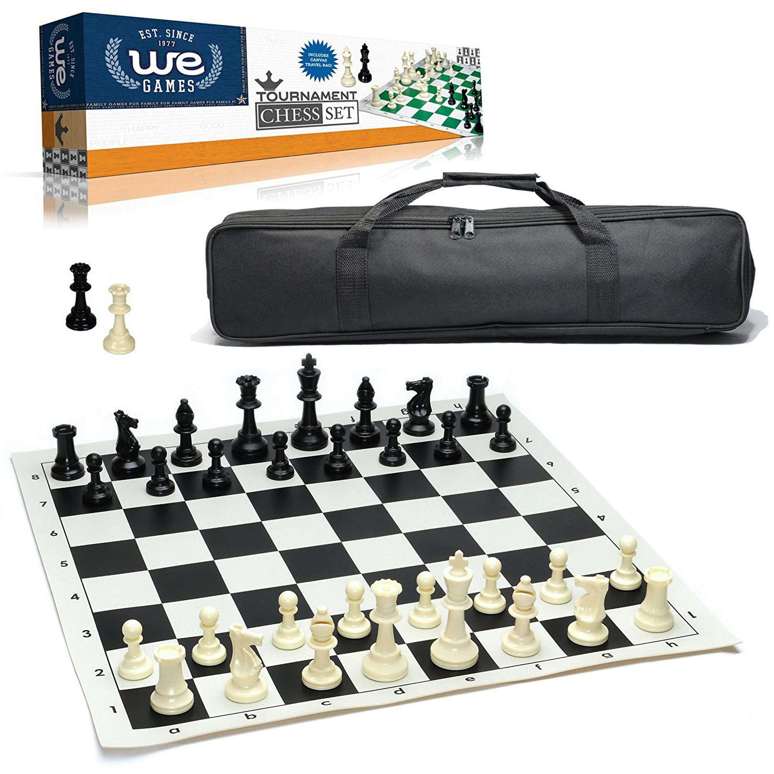 Professional Plastic Chess Set Wood Grain Pieces with Vinyl Rollup Board –  Black