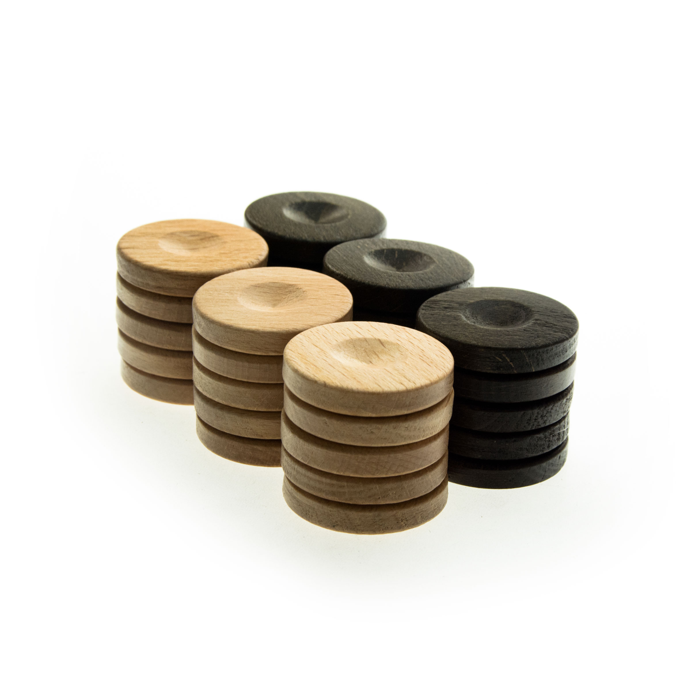 Wood Backgammon Checkers/Chips in Brown & Natural – 1 inch diameter. Backgammon chips/checkers brown and white.