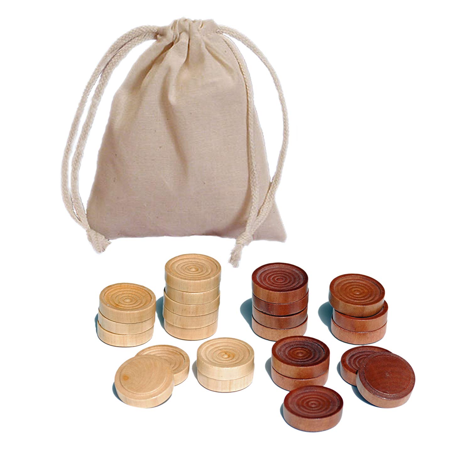 Wood Backgammon Chips with Cloth Pouch - Brown & Natural 1 in. Wooden backgammon chips near silk bag. Backgammon chips dark brown and white chips.