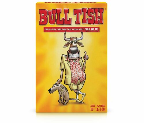 Bull Tish The All-Play Card Game That’s Absolutely FULL OF IT! A card game to see who can caught the lie. A yellow box with a Bull on it that's wearing a Hawaiian shirt.