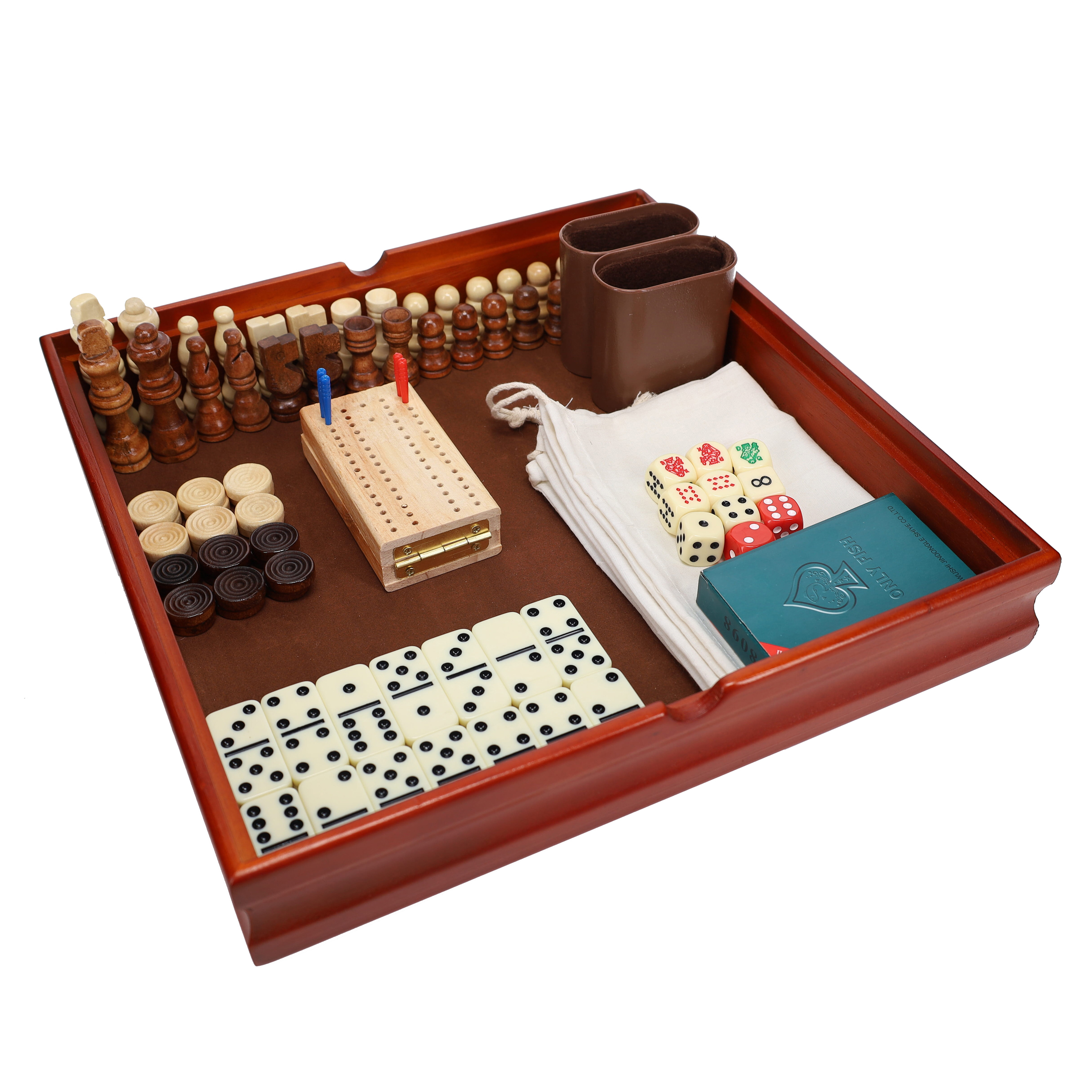 GSE Wooden 7-in-1 Board Game Set - Chess, Checkers, Backgammon, Dominoes,  Cribbage Board, Playing Card & Poker Dice Game Combo Set (Old Fashioned)