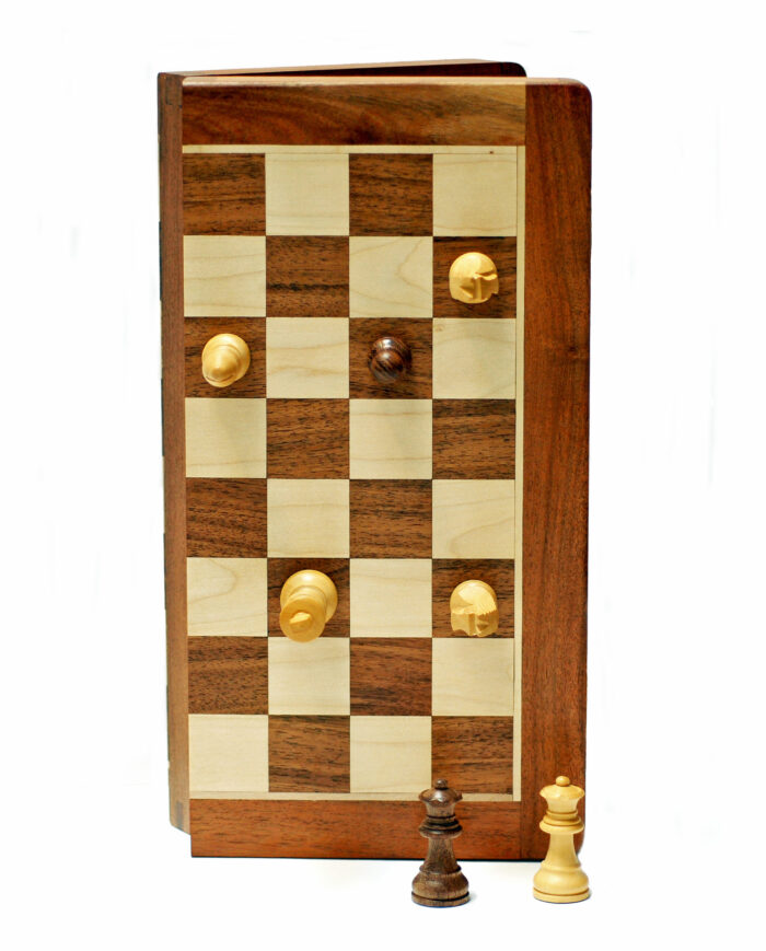 Wood Magnetic Chess Set. Light brown and white foldable chess set. Foldable chess board. Magnetic chess board with smoothed edges.