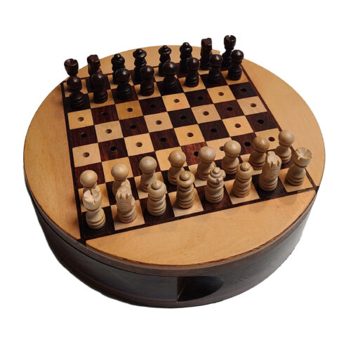 Mini wooden chess set - round for travel. Wooden traveling chess board shaped as a tin and has removeable lid. Small portable chess board set.