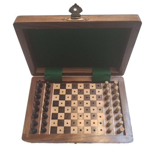 wooden travel chess set - pegged pieces. Chess board in a nice wooden treasure box and has chess pieces set up. Chess that is in box and has peg pieces.