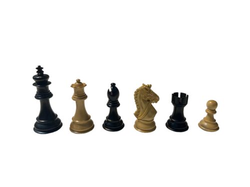Ebonized and Boxwood chess pieces with Bridle knight and 4 inch king. Chess pieces in front of white background. Dark brown and light brown chess pieces.