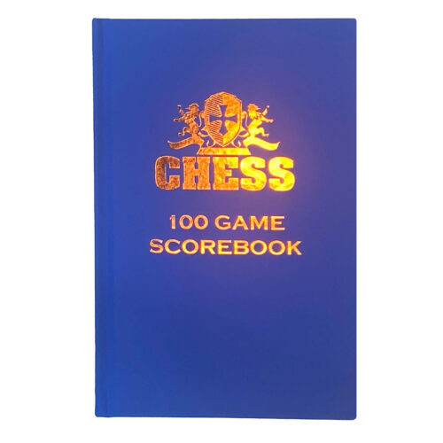 Blue Hardcover Chess Scorebook with gold embossed lettering soft touch. Blue hardcover chess scoreboard with gold knight helmet in front of cover. Blue hardcover chess scorebook