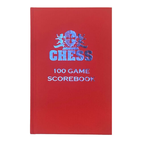 Red hardcover chess scorebook with blue foil embossed. Red hardcover chess scorebook with a night helmet in front of cover. Hardcover chest scorebook.