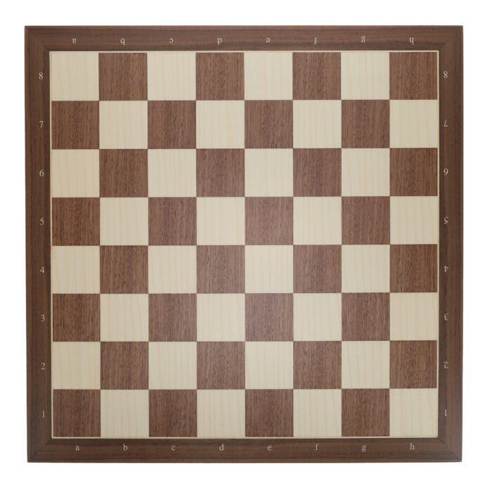 Walnut wood chess and checkers board. Walnut chess and checkers board with numbers on the sides. Walnut chess and checkers board with slim pointed edges.